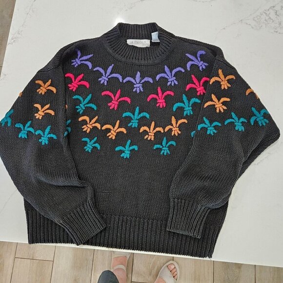 Le Moda Small Vintage Fleur-de-lis Y2K Hand Loomed & Embroidered Black Sweater - Picture 5 of 9